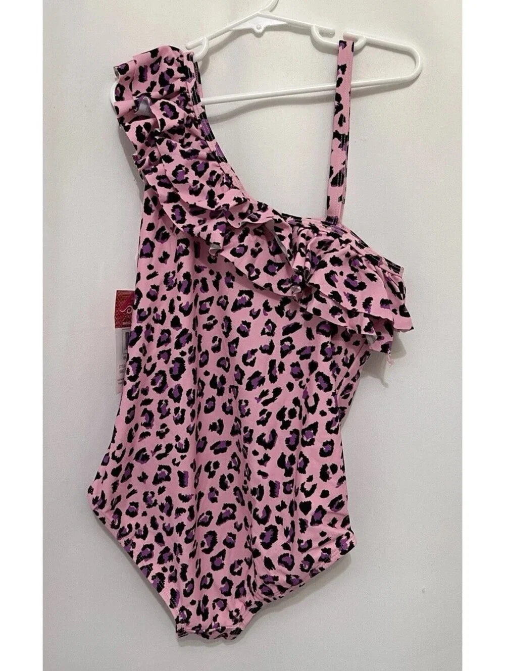 Girls Kanu Pink Leopard One Piece Swimsuit Ruffle Asymmetrical Size 14 NWT
